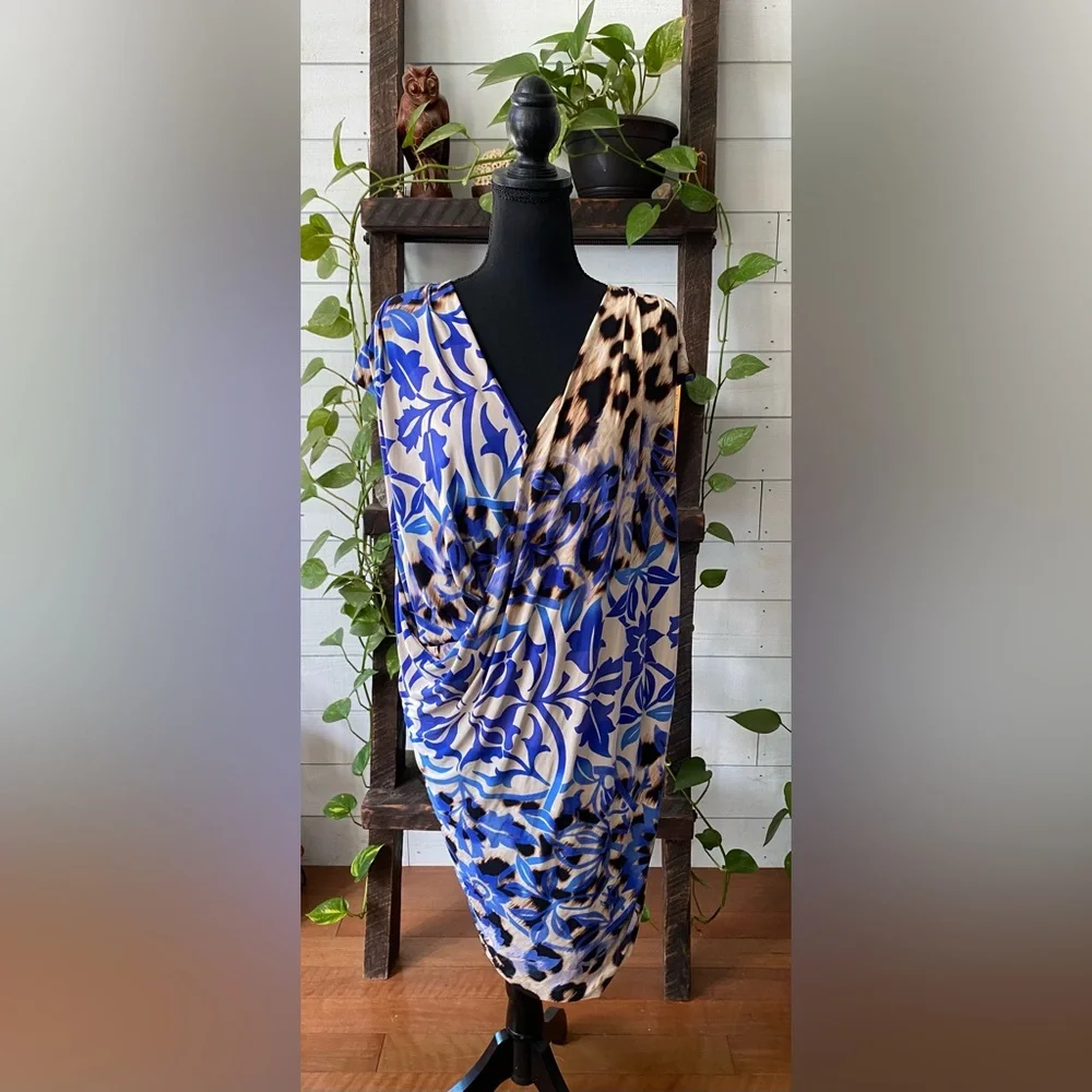Nine West: Blue V Neck Mixed Animal and Floral Print Dress